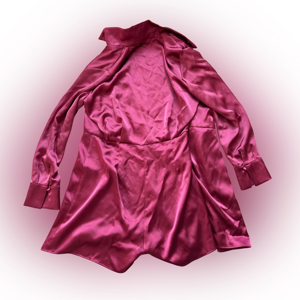 Zara Maroon / Deep Pink Satin Wrap Romper Long Sleeve Collar Playsuit Size L - Picture 3 of 11